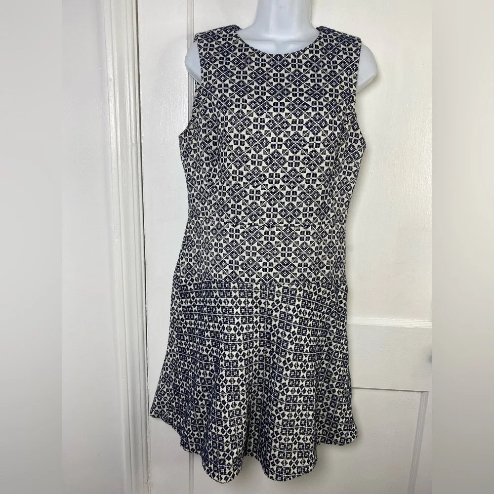 Tory Burch Burlap Navy and White Geometric Fit & Flare Mini Dress